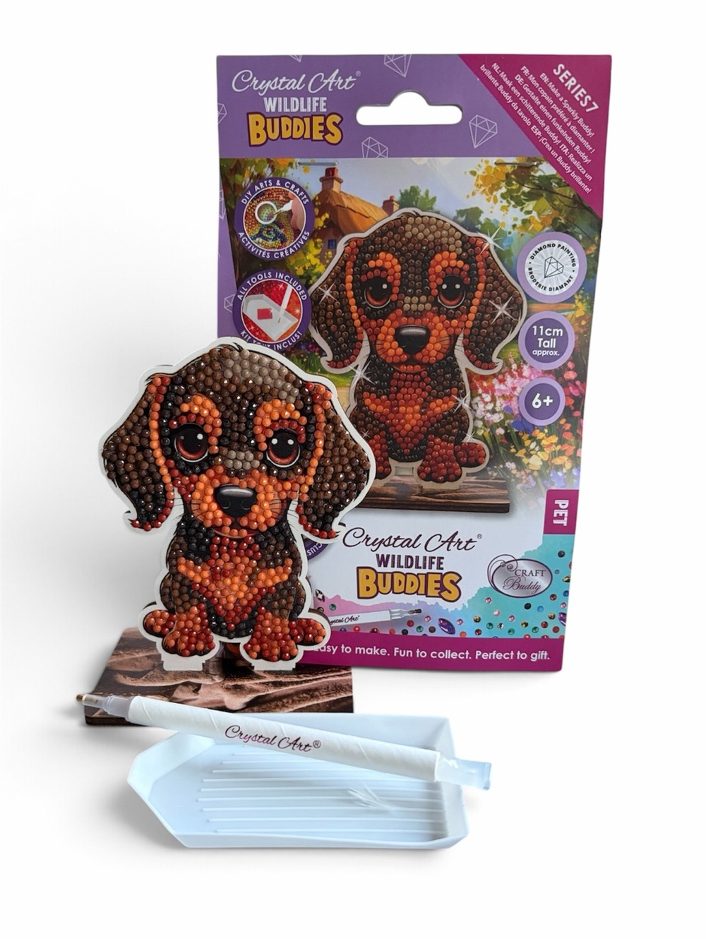 Completed Crystal Art Dachshund Puppy Figurine w/ Box & Tools